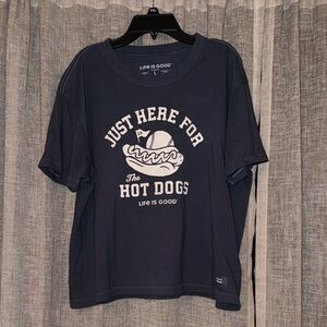 Life Is Good Dark Blue Boxy T-Shirt with Hot Dog Graphic Size Large